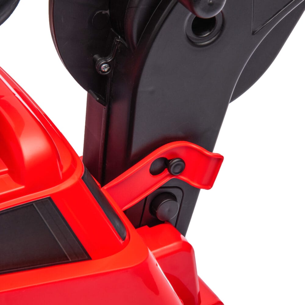 Rot-schwarzer 3-in-1 Aufsitzbagger als Kinderfahrzeug mit Kippschutz, belastbar bis 25kg. Ein vielseitiges Spielzeug für kleine Bauarbeiter.