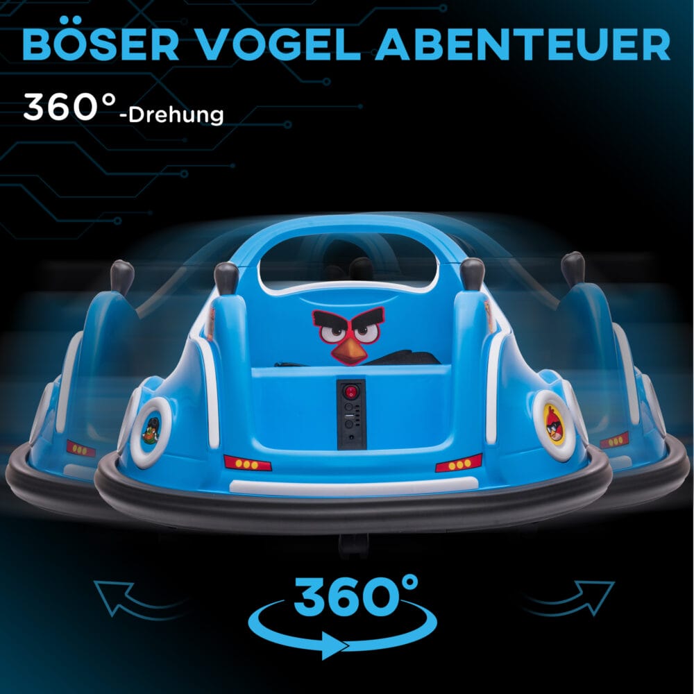 Blauer 12V Autoscooter für Kinder mit Fernbedienung, Musik und 360°-Drehung, ideal für 3-5 Jahre. Ein lustiges und dynamisches Fahrerlebnis.