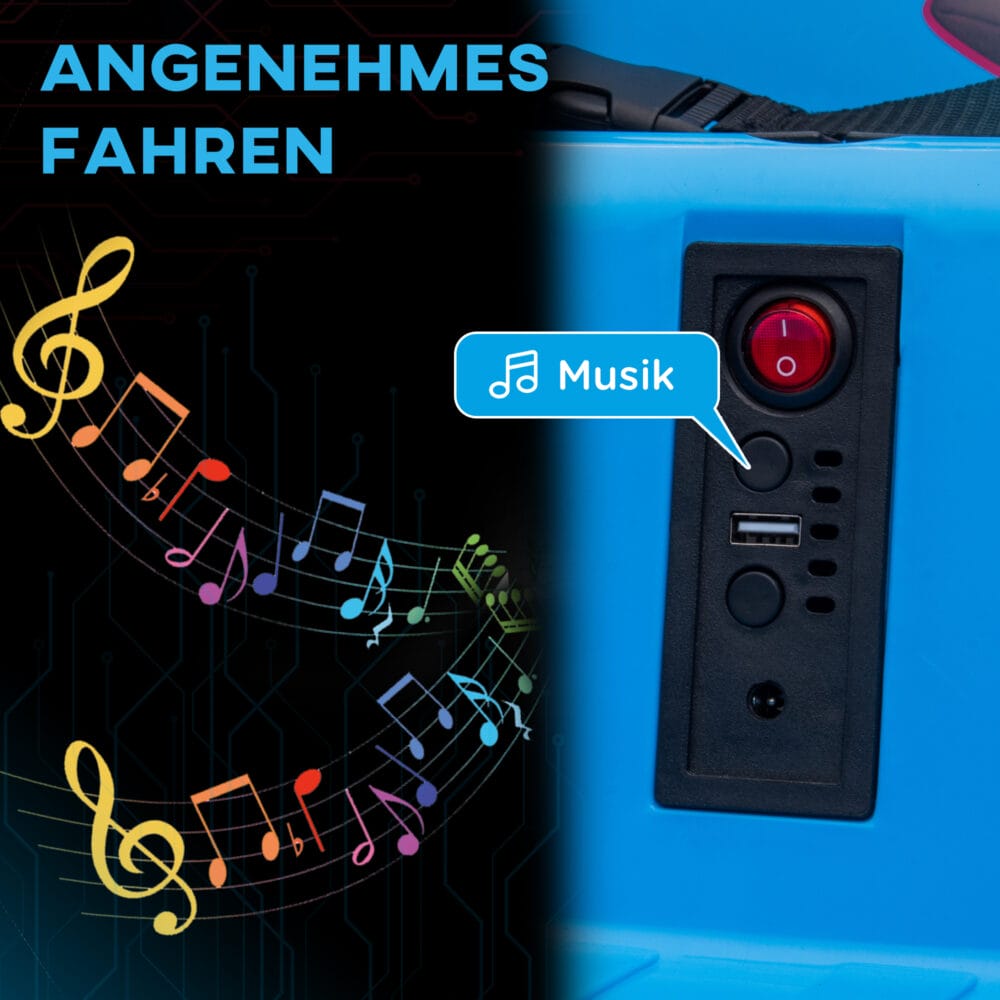 Blauer 12V Autoscooter für Kinder mit Fernbedienung, Musik und 360°-Drehung, ideal für 3-5 Jahre. Ein lustiges und dynamisches Fahrerlebnis.