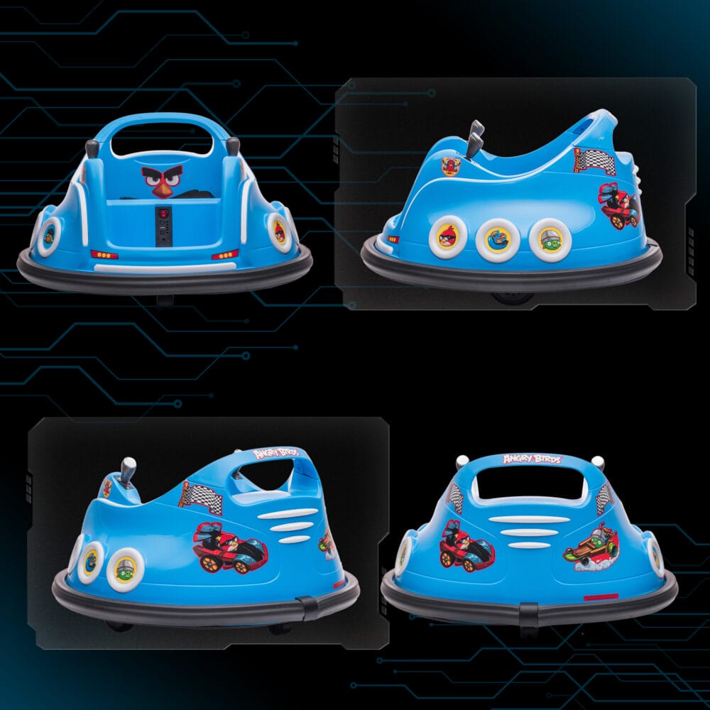 Blauer 12V Autoscooter für Kinder mit Fernbedienung, Musik und 360°-Drehung, ideal für 3-5 Jahre. Ein lustiges und dynamisches Fahrerlebnis.