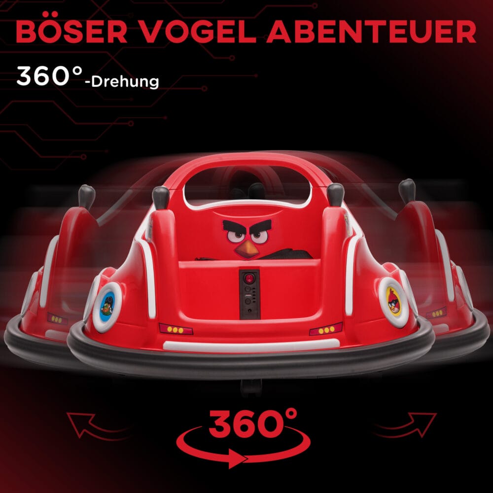 Roter 12V Autoscooter für Kinder mit Fernbedienung, Musik und 360°-Drehung, ideal für 3-5 Jahre. Bietet actionreichen Spass mit Rundum-Bewegung.
