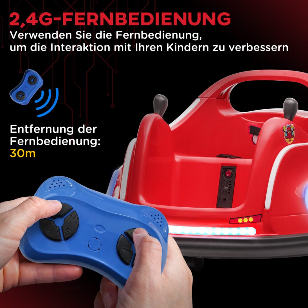 Roter 12V Autoscooter für Kinder mit Fernbedienung, Musik und 360°-Drehung, ideal für 3-5 Jahre. Bietet actionreichen Spass mit Rundum-Bewegung.