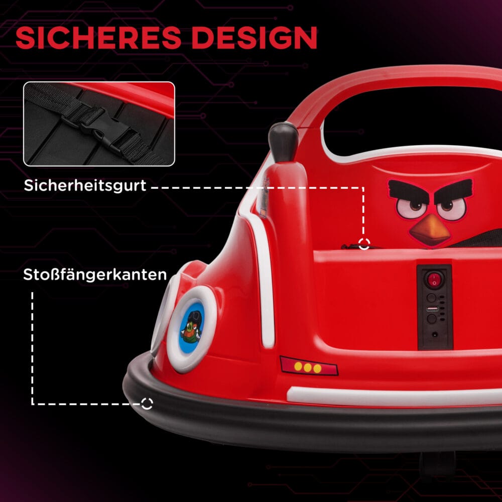 Roter 12V Autoscooter für Kinder mit Fernbedienung, Musik und 360°-Drehung, ideal für 3-5 Jahre. Bietet actionreichen Spass mit Rundum-Bewegung.