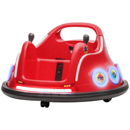 Roter 12V Autoscooter für Kinder mit Fernbedienung, Musik und 360°-Drehung, ideal für 3-5 Jahre. Bietet actionreichen Spass mit Rundum-Bewegung.