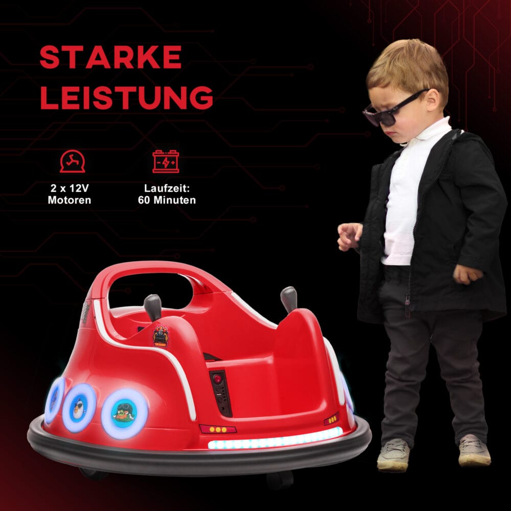 Roter 12V Autoscooter für Kinder mit Fernbedienung, Musik und 360°-Drehung, ideal für 3-5 Jahre. Bietet actionreichen Spass mit Rundum-Bewegung.