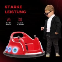 Roter 12V Autoscooter für Kinder mit Fernbedienung, Musik und 360°-Drehung, ideal für 3-5 Jahre. Bietet actionreichen Spass mit Rundum-Bewegung.