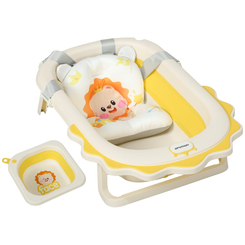 Babybadewanne faltbar 3er Set für Neugeborene mit niedlichen Löwenmustern und weichem Badekissen für bequemen Halt.