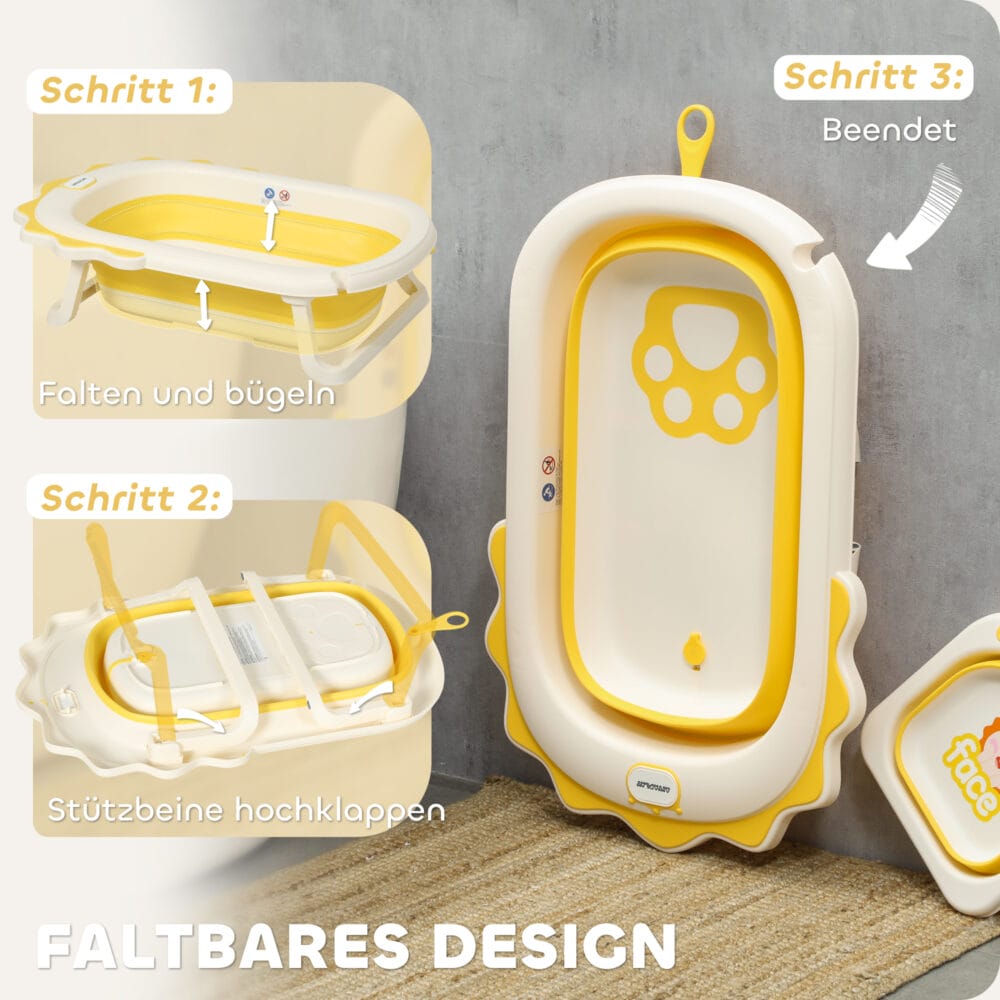 Babybadewanne faltbar 3er Set für Neugeborene mit niedlichen Löwenmustern und weichem Badekissen für bequemen Halt.