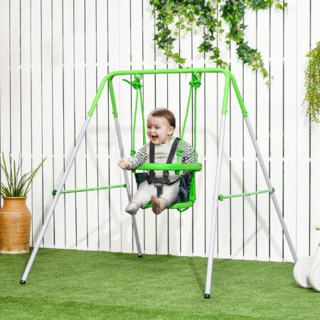 Grüne Babyschaukel 122x146x122cm mit Sicherheitsbügel für sicheres Schaukelvergnügen im Innen- und Aussenbereich.