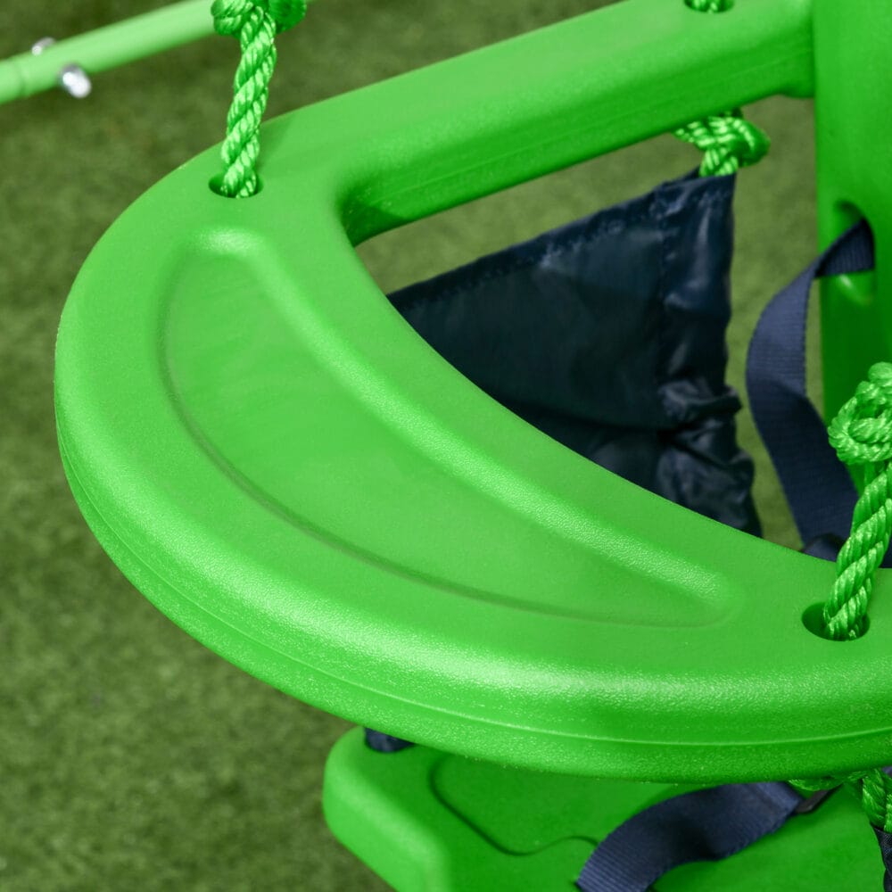 Grüne Babyschaukel 122x146x122cm mit Sicherheitsbügel für sicheres Schaukelvergnügen im Innen- und Aussenbereich.