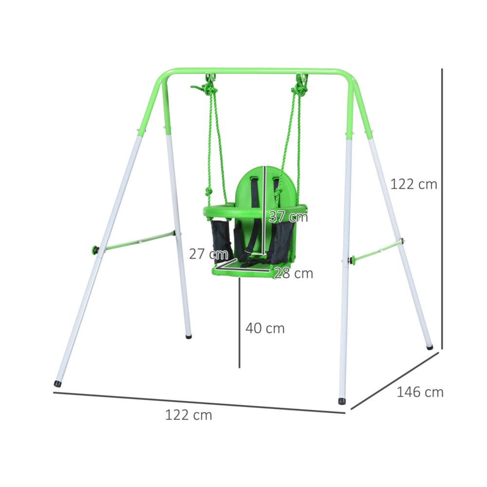 Grüne Babyschaukel 122x146x122cm mit Sicherheitsbügel für sicheres Schaukelvergnügen im Innen- und Aussenbereich.