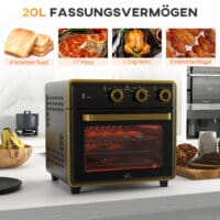Ein kompakter schwarzer Backofen und Küchenofen mit 20 Litern Fassungsvermögen, 1400W Leistung und Timer.