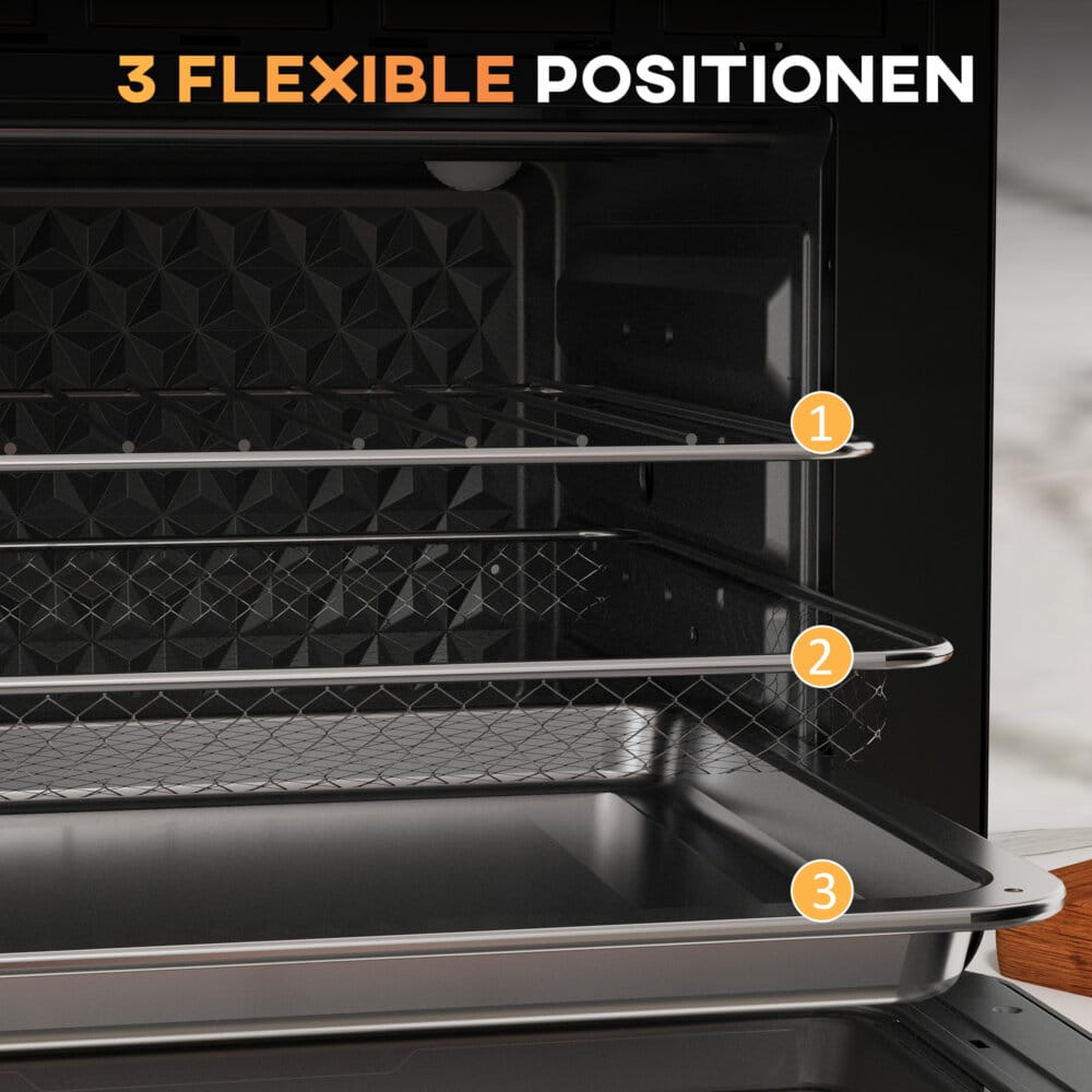 Ein kompakter schwarzer Backofen und Küchenofen mit 20 Litern Fassungsvermögen, 1400W Leistung und Timer.