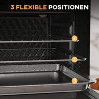 Ein kompakter schwarzer Backofen und Küchenofen mit 20 Litern Fassungsvermögen, 1400W Leistung und Timer.