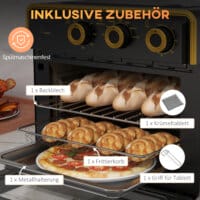 Ein kompakter schwarzer Backofen und Küchenofen mit 20 Litern Fassungsvermögen, 1400W Leistung und Timer.
