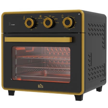 Ein kompakter schwarzer Backofen und Küchenofen mit 20 Litern Fassungsvermögen, 1400W Leistung und Timer.