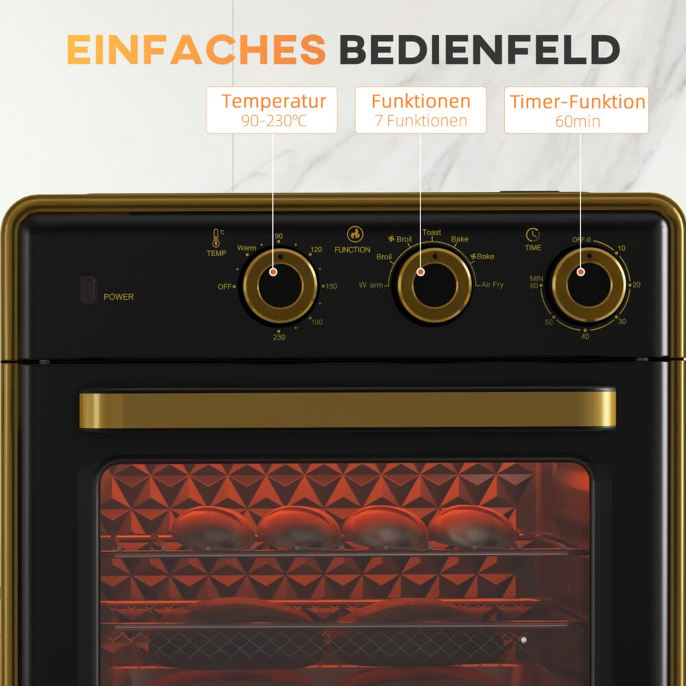 Ein kompakter schwarzer Backofen und Küchenofen mit 20 Litern Fassungsvermögen, 1400W Leistung und Timer.