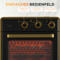 Ein kompakter schwarzer Backofen und Küchenofen mit 20 Litern Fassungsvermögen, 1400W Leistung und Timer.