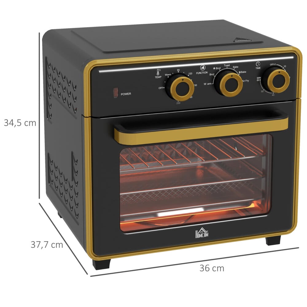 Ein kompakter schwarzer Backofen und Küchenofen mit 20 Litern Fassungsvermögen, 1400W Leistung und Timer.