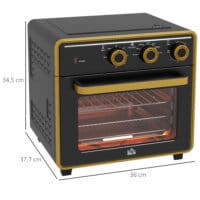 Ein kompakter schwarzer Backofen und Küchenofen mit 20 Litern Fassungsvermögen, 1400W Leistung und Timer.