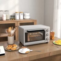Ein silberner Backofen und Minibackofen mit 21 Litern Fassungsvermögen, Temperaturbereich 100-230 Grad Celsius und Timer.