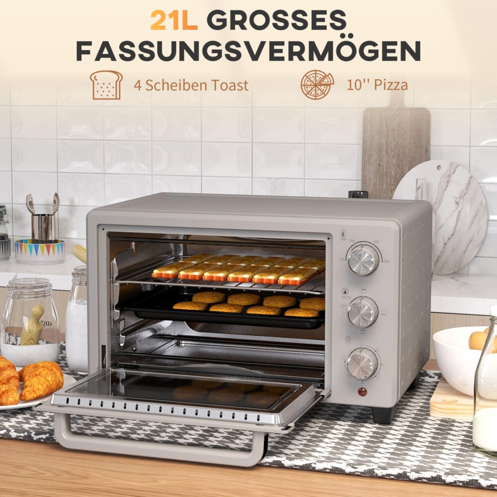 Ein silberner Backofen und Minibackofen mit 21 Litern Fassungsvermögen, Temperaturbereich 100-230 Grad Celsius und Timer.