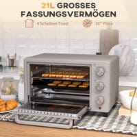 Ein silberner Backofen und Minibackofen mit 21 Litern Fassungsvermögen, Temperaturbereich 100-230 Grad Celsius und Timer.