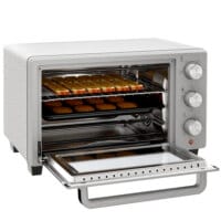 Ein silberner Backofen und Minibackofen mit 21 Litern Fassungsvermögen, Temperaturbereich 100-230 Grad Celsius und Timer.