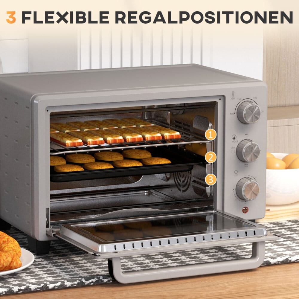 Ein silberner Backofen und Minibackofen mit 21 Litern Fassungsvermögen, Temperaturbereich 100-230 Grad Celsius und Timer.