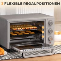 Ein silberner Backofen und Minibackofen mit 21 Litern Fassungsvermögen, Temperaturbereich 100-230 Grad Celsius und Timer.