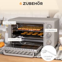Ein silberner Backofen und Minibackofen mit 21 Litern Fassungsvermögen, Temperaturbereich 100-230 Grad Celsius und Timer.