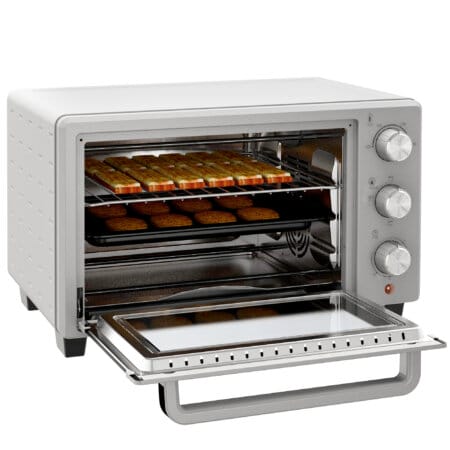Ein silberner Backofen und Minibackofen mit 21 Litern Fassungsvermögen, Temperaturbereich 100-230 Grad Celsius und Timer.