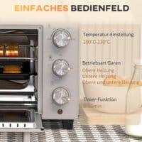 Ein silberner Backofen und Minibackofen mit 21 Litern Fassungsvermögen, Temperaturbereich 100-230 Grad Celsius und Timer.