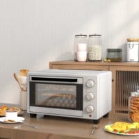 Ein silberner Backofen und Minibackofen mit 21 Litern Fassungsvermögen, Temperaturbereich 100-230 Grad Celsius und Timer.