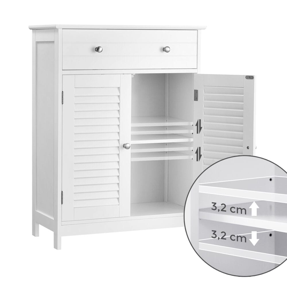 Weißer Badezimmerschrank mit zwei Türen und Schublade, funktional und modern.