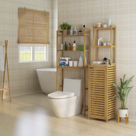 Badezimmerschrank aus Bambus Naturholz mit 3 offenen Fächern und Kippschutz