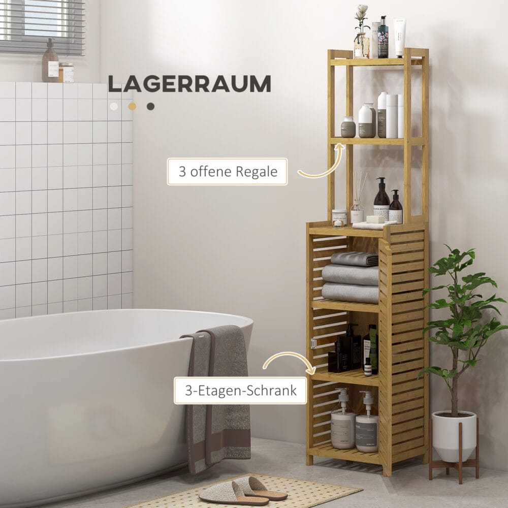 Badezimmerschrank aus Bambus Naturholz mit 3 offenen Fächern und Kippschutz
