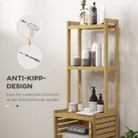 Badezimmerschrank aus Bambus Naturholz mit 3 offenen Fächern und Kippschutz