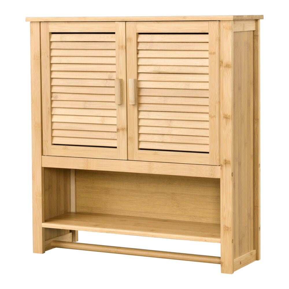 Moderner Badezimmerschrank aus Bambus, Modell Horun, Hängeschrank mit den Maßen 66x62x20cm, ideal für stilvolle Ordnung im Badezimmer.