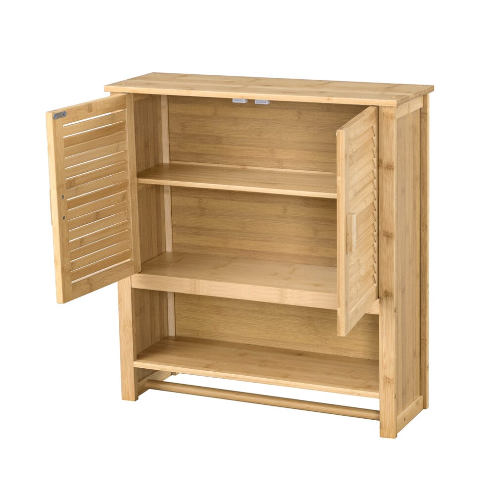 Moderner Badezimmerschrank aus Bambus, Modell Horun, Hängeschrank mit den Maßen 66x62x20cm, ideal für stilvolle Ordnung im Badezimmer.