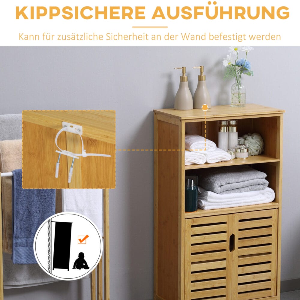 Badezimmerschrank aus Bambus mit Lamellentüren vielseitig einsetzbar