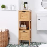 Ein Badezimmerschrank im Landhausstil aus Bambus mit zwei praktischen Schubladen.