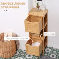 Ein Badezimmerschrank im Landhausstil aus Bambus mit zwei praktischen Schubladen.