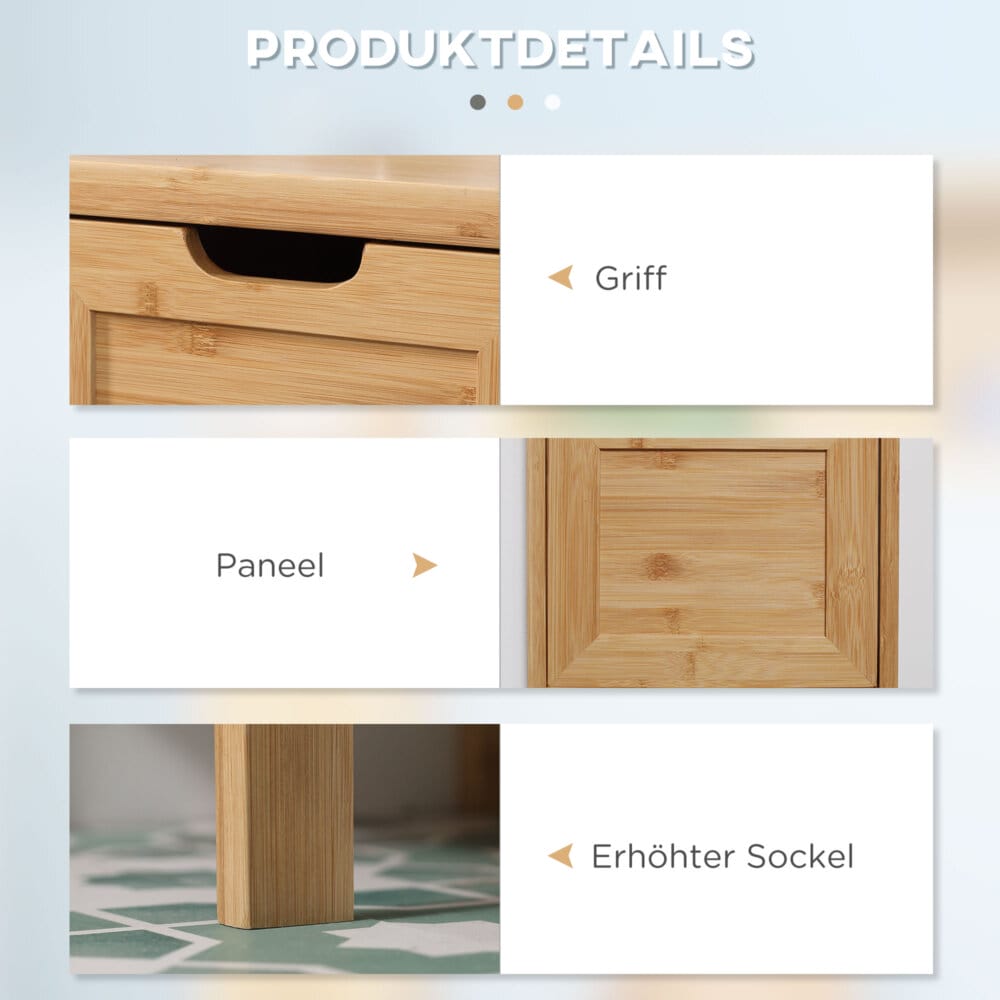 Ein Badezimmerschrank im Landhausstil aus Bambus mit zwei praktischen Schubladen.