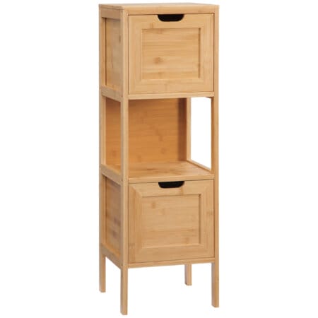 Ein Badezimmerschrank im Landhausstil aus Bambus mit zwei praktischen Schubladen.
