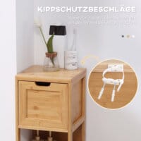 Ein Badezimmerschrank im Landhausstil aus Bambus mit zwei praktischen Schubladen.
