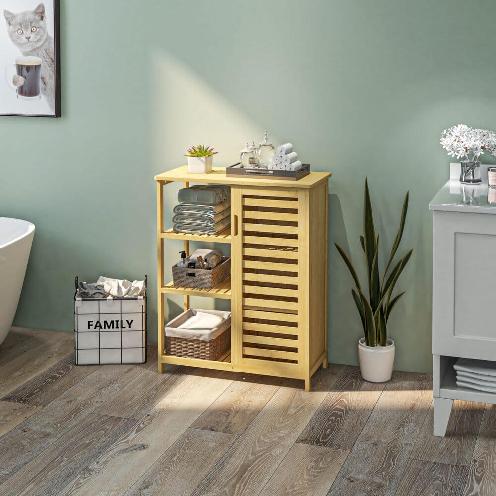 Ein natürlicher Badezimmerschrank und Regal aus Bambus mit drei Ebenen und Kippschutz.