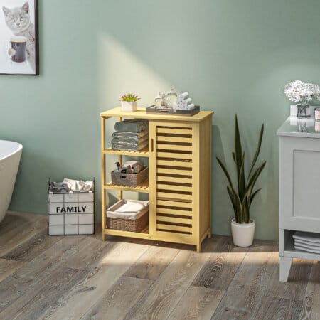 Ein natürlicher Badezimmerschrank und Regal aus Bambus mit drei Ebenen und Kippschutz.