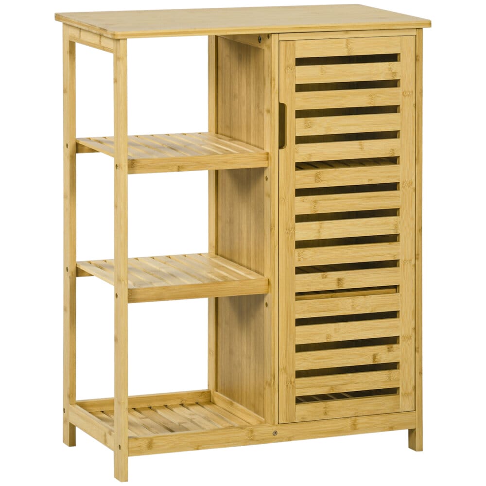 Ein natürlicher Badezimmerschrank und Regal aus Bambus mit drei Ebenen und Kippschutz.