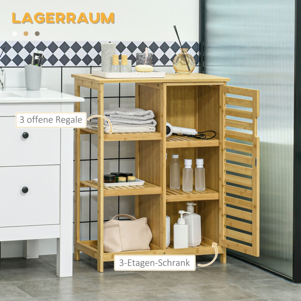 Ein natürlicher Badezimmerschrank und Regal aus Bambus mit drei Ebenen und Kippschutz.